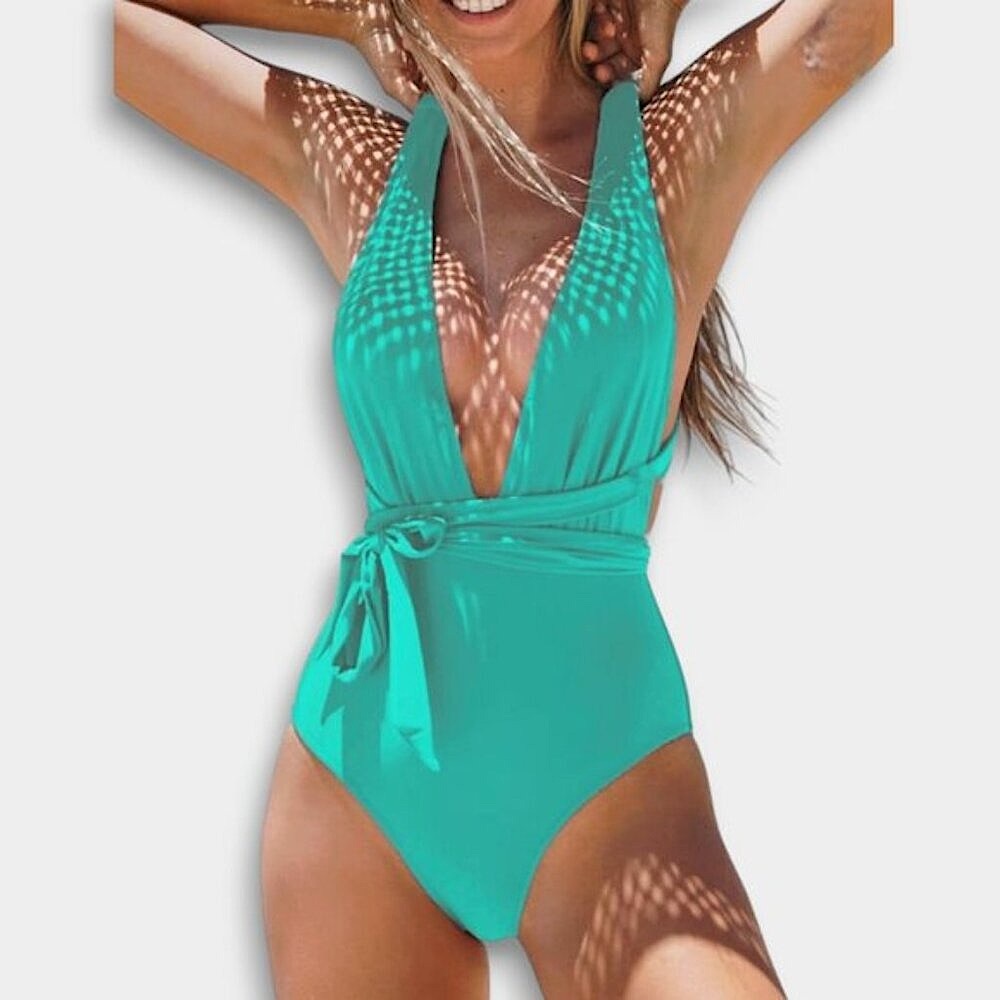 SOLD- Brazilian Bikini Shop- Sexy One Piece Plunge Tie Waist Mini Green Swimsu…